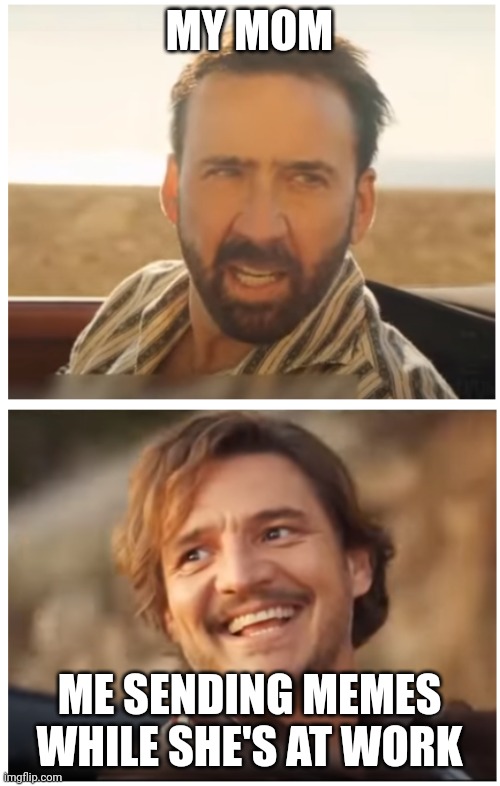 Idk at this point bruoh | MY MOM; ME SENDING MEMES WHILE SHE'S AT WORK | image tagged in pedro pascal and nic cage car scene | made w/ Imgflip meme maker