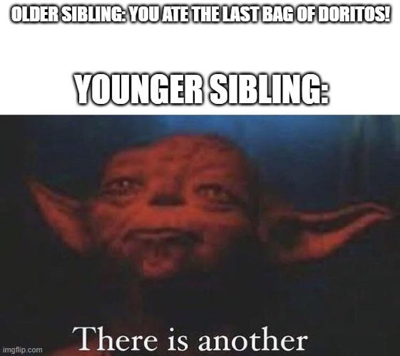 There is another | OLDER SIBLING: YOU ATE THE LAST BAG OF DORITOS! YOUNGER SIBLING: | image tagged in there is another | made w/ Imgflip meme maker