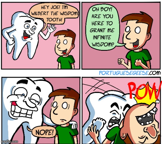 The tooth of wisdom, POW | image tagged in pow,wisdom,teeth,tooth,comics,comics/cartoons | made w/ Imgflip meme maker