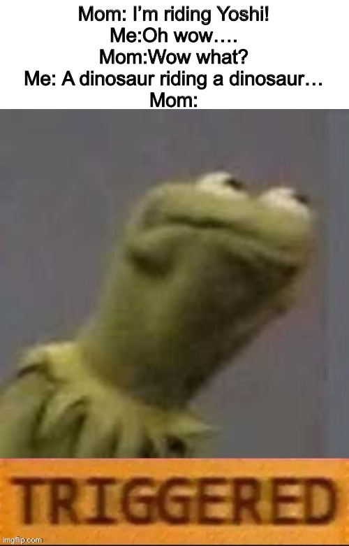 Kermit Triggered | Mom: I’m riding Yoshi!
Me:Oh wow….
Mom:Wow what?
Me: A dinosaur riding a dinosaur…
Mom: | image tagged in kermit triggered | made w/ Imgflip meme maker