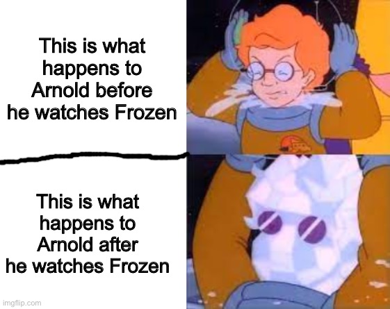 Arnold's Frozen Heart | This is what happens to Arnold before he watches Frozen; This is what happens to Arnold after he watches Frozen | image tagged in arnold death,frozen,disney,elsa,magic school bus,olaf | made w/ Imgflip meme maker