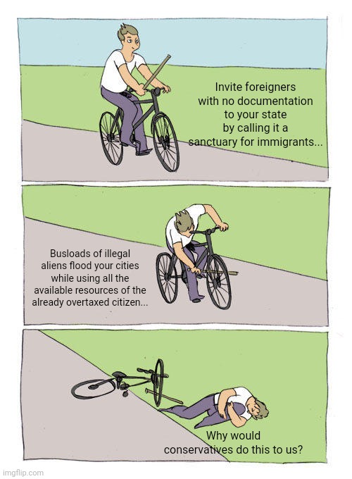 Bike Fall | Invite foreigners with no documentation to your state by calling it a sanctuary for immigrants... Busloads of illegal aliens flood your cities while using all the available resources of the already overtaxed citizen... Why would conservatives do this to us? | image tagged in memes,bike fall | made w/ Imgflip meme maker