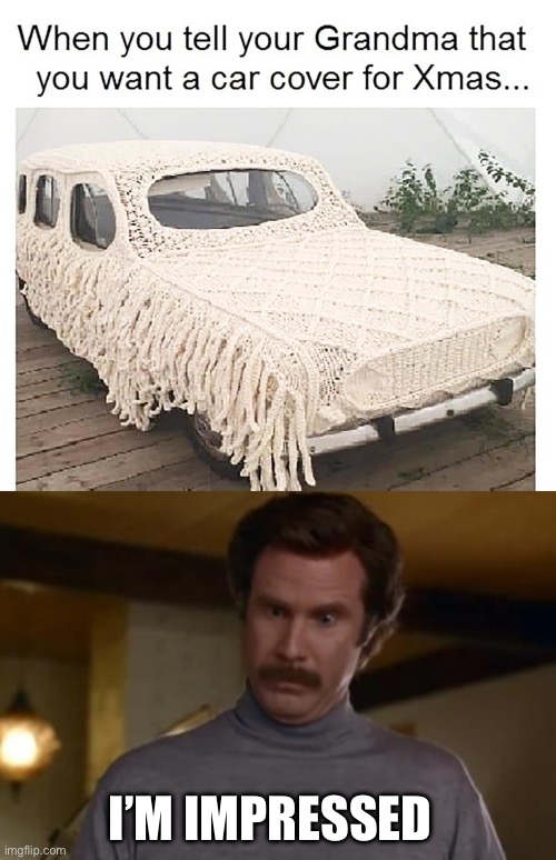 Car cover | I’M IMPRESSED | image tagged in actually im not even mad,car,cover,grandma | made w/ Imgflip meme maker