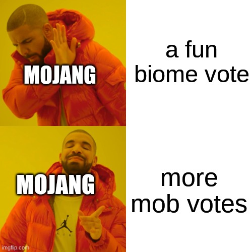 Drake Hotline Bling | a fun biome vote; MOJANG; more mob votes; MOJANG | image tagged in memes,drake hotline bling | made w/ Imgflip meme maker