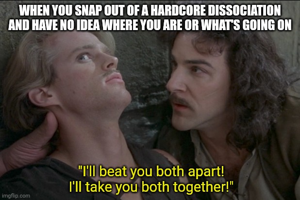 Dissociation is wild | WHEN YOU SNAP OUT OF A HARDCORE DISSOCIATION AND HAVE NO IDEA WHERE YOU ARE OR WHAT'S GOING ON; "I'll beat you both apart! I'll take you both together!" | image tagged in adhd,dissociation,princess bride,meme,mental illness | made w/ Imgflip meme maker