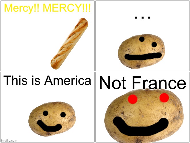 Mercy in France= Hello (Shiver note: Merci means thank you in French) | Mercy!! MERCY!!! …; This is America; Not France | image tagged in memes,did i overexplain,potato | made w/ Imgflip meme maker