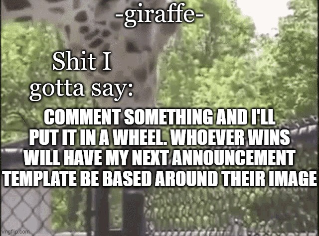 -giraffe- | COMMENT SOMETHING AND I'LL PUT IT IN A WHEEL. WHOEVER WINS WILL HAVE MY NEXT ANNOUNCEMENT TEMPLATE BE BASED AROUND THEIR IMAGE | image tagged in -giraffe- | made w/ Imgflip meme maker