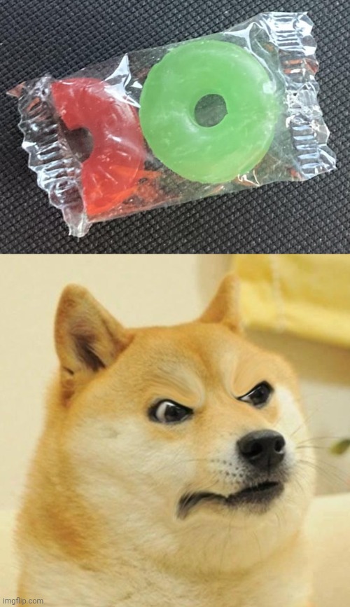 Half on one of the lifesavers | image tagged in confused angery doge,you had one job,life savers,lifesavers,memes,candy | made w/ Imgflip meme maker