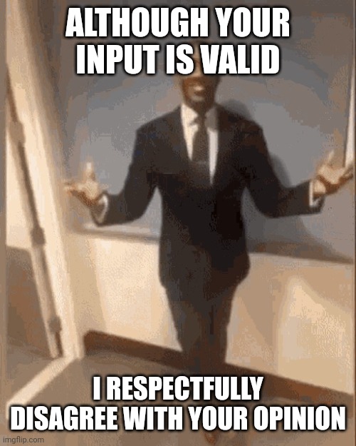 smiling black guy in suit | ALTHOUGH YOUR INPUT IS VALID I RESPECTFULLY DISAGREE WITH YOUR OPINION | image tagged in smiling black guy in suit | made w/ Imgflip meme maker