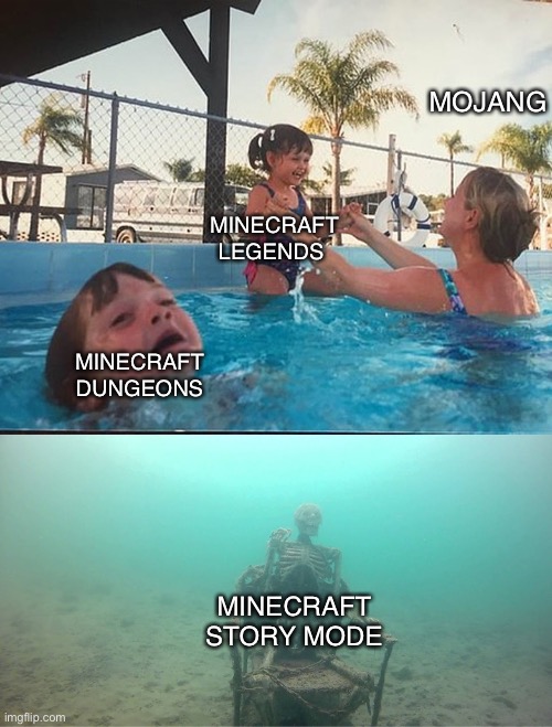 It’s a relic of a game | MOJANG; MINECRAFT LEGENDS; MINECRAFT DUNGEONS; MINECRAFT STORY MODE | image tagged in mother ignoring kid drowning in a pool,fun,memes,minecraft | made w/ Imgflip meme maker