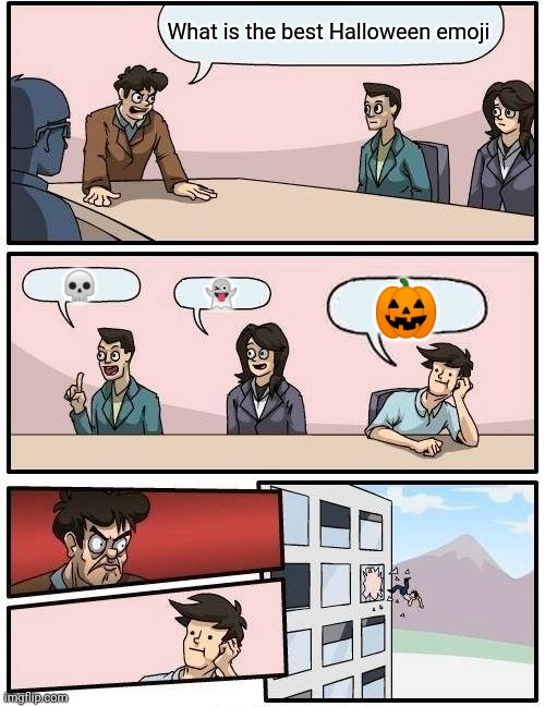 The jack-o-lanturn emoji is underrated | What is the best Halloween emoji; 💀; 👻; 🎃 | image tagged in memes,boardroom meeting suggestion | made w/ Imgflip meme maker