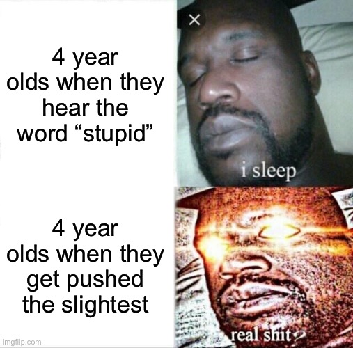 “he pushed me!” | 4 year olds when they hear the word “stupid”; 4 year olds when they get pushed the slightest | image tagged in memes,sleeping shaq | made w/ Imgflip meme maker