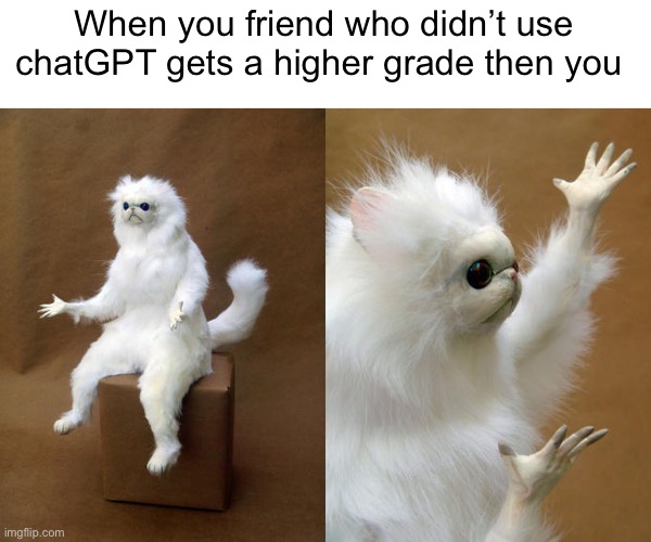 >:( | When you friend who didn’t use chatGPT gets a higher grade then you | image tagged in memes,persian cat room guardian | made w/ Imgflip meme maker