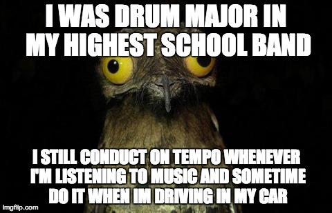 Weird Stuff I Do Potoo Meme | I WAS DRUM MAJOR IN MY HIGHEST SCHOOL BAND I STILL CONDUCT ON TEMPO WHENEVER I'M LISTENING TO MUSIC AND SOMETIME DO IT WHEN IM DRIVING IN MY | image tagged in memes,weird stuff i do potoo,AdviceAnimals | made w/ Imgflip meme maker