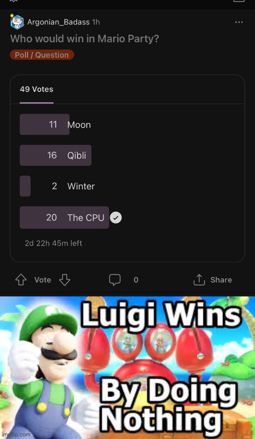 I’ve had this in my folder for a week, couldn’t resist. | image tagged in luigi wins by doing nothing | made w/ Imgflip meme maker