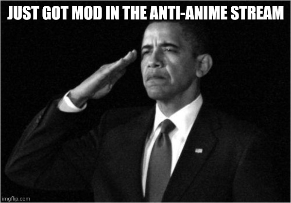 salute | JUST GOT MOD IN THE ANTI-ANIME STREAM | image tagged in obama-salute,anti-anime,imgflip streams,stream,mod,nice | made w/ Imgflip meme maker