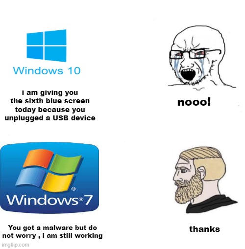 windows 10 is just a broken cheap copy of windows 7 | i am giving you the sixth blue screen today because you unplugged a USB device; nooo! You got a malware but do not worry , i am still working; thanks | image tagged in chad we know | made w/ Imgflip meme maker