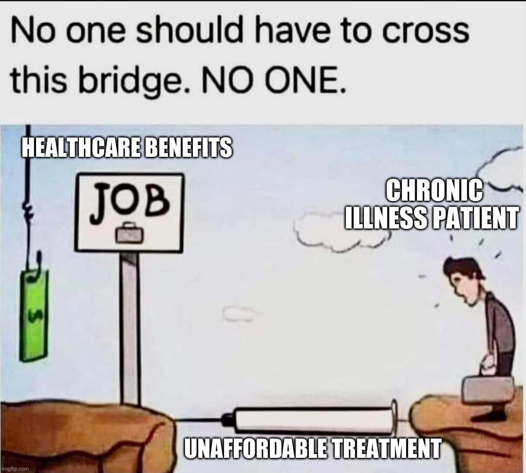 Chronic illness paradox | HEALTHCARE BENEFITS; CHRONIC ILLNESS PATIENT; UNAFFORDABLE TREATMENT | image tagged in illness,sickness,health,healthcare,work | made w/ Imgflip meme maker