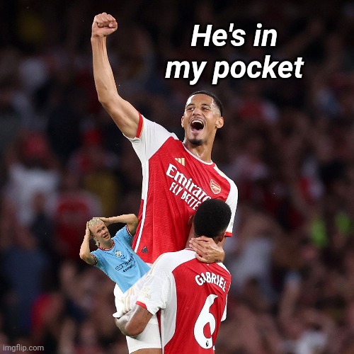 Arsenal beats City, thanks to Saliba | He's in my pocket | image tagged in saliba,haaland,arsenal,manchester city | made w/ Imgflip meme maker