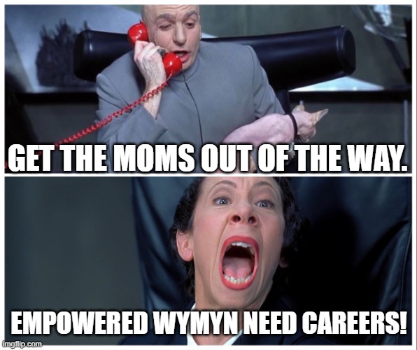 Dr Evil and Frau Yelling | GET THE MOMS OUT OF THE WAY. EMPOWERED WYMYN NEED CAREERS! | image tagged in dr evil and frau yelling | made w/ Imgflip meme maker