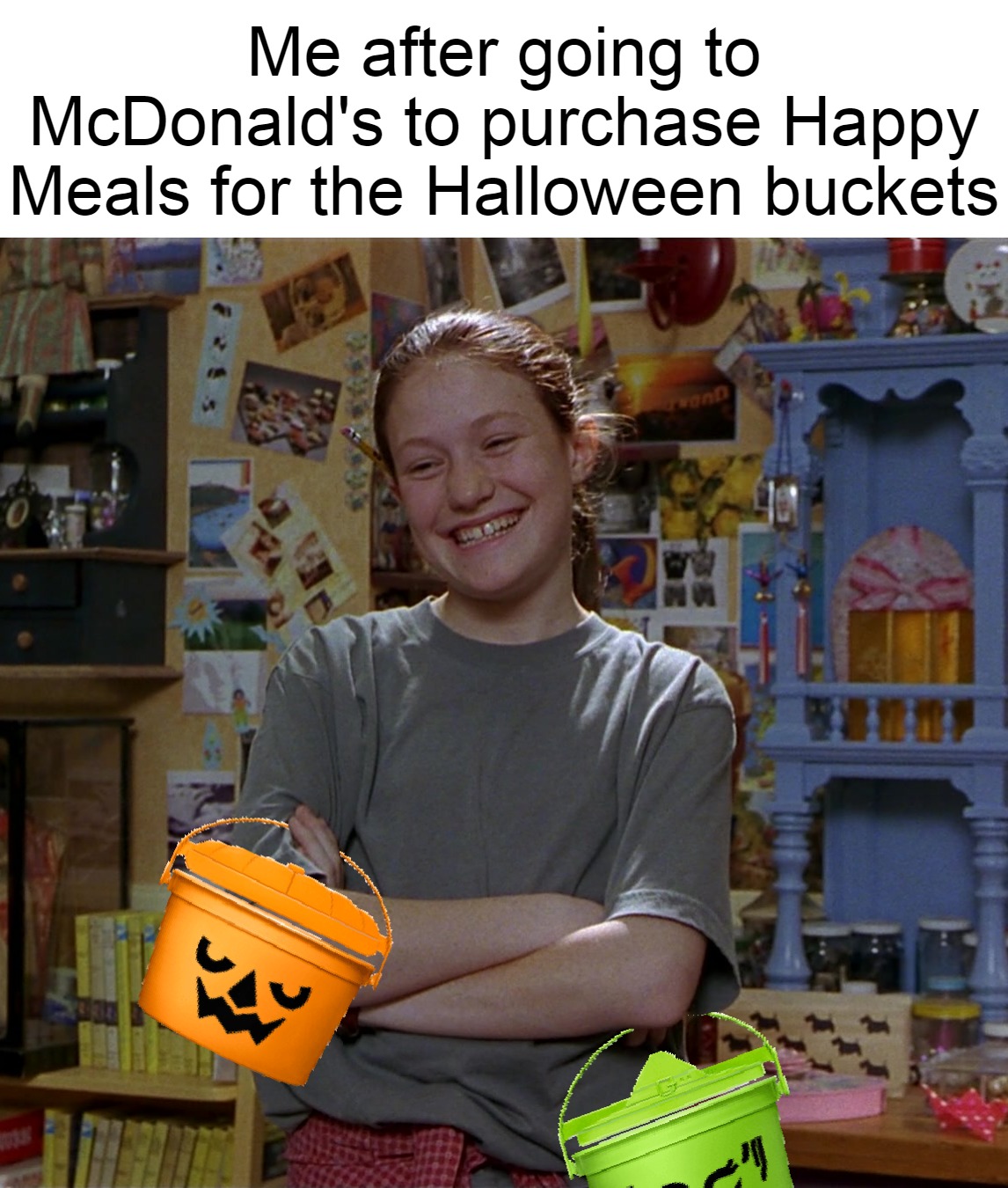 Kristy Smiling with Folded Arms | Me after going to McDonald's to purchase Happy Meals for the Halloween buckets | image tagged in kristy smiling with folded arms,meme,memes,funny,mcdonalds,halloween | made w/ Imgflip meme maker