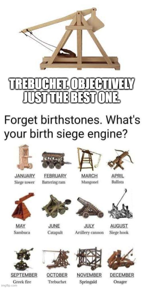Trebuchet is the GOAT. | TREBUCHET. OBJECTIVELY JUST THE BEST ONE. | image tagged in blank white template,weapons,zodiac,funny,relatable | made w/ Imgflip meme maker