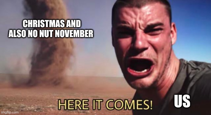 HERE IT COMES! | CHRISTMAS AND ALSO NO NUT NOVEMBER US | image tagged in here it comes | made w/ Imgflip meme maker