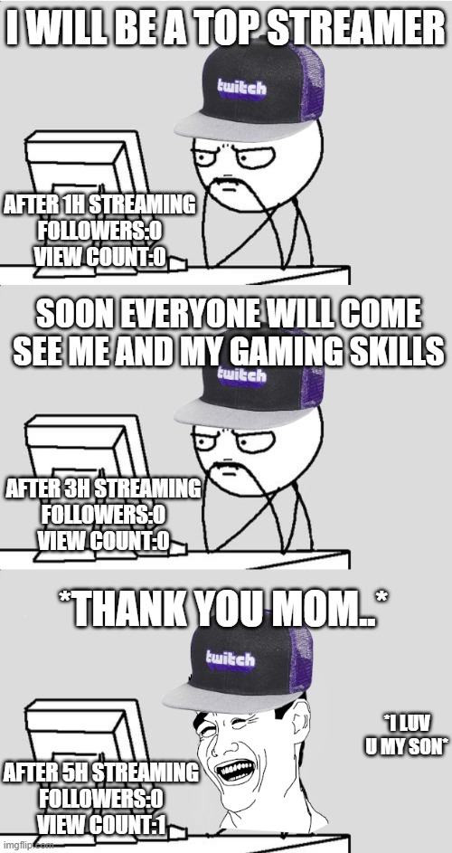 View and followers | I WILL BE A TOP STREAMER; AFTER 1H STREAMING
FOLLOWERS:0
VIEW COUNT:0; SOON EVERYONE WILL COME SEE ME AND MY GAMING SKILLS; AFTER 3H STREAMING
FOLLOWERS:0
VIEW COUNT:0; *THANK YOU MOM..*; *I LUV U MY SON*; AFTER 5H STREAMING
FOLLOWERS:0
VIEW COUNT:1 | image tagged in lerookiestreamer,streamer | made w/ Imgflip meme maker