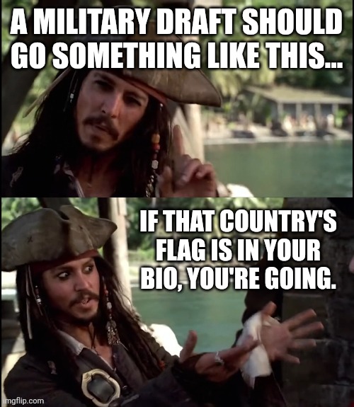 Military draft. | A MILITARY DRAFT SHOULD GO SOMETHING LIKE THIS... IF THAT COUNTRY'S FLAG IS IN YOUR BIO, YOU'RE GOING. | image tagged in memes | made w/ Imgflip meme maker