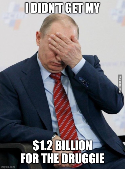 Putin Facepalm | I DIDN’T GET MY $1.2 BILLION FOR THE DRUGGIE | image tagged in putin facepalm | made w/ Imgflip meme maker
