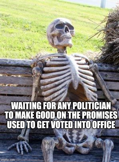 Waiting Skeleton | WAITING FOR ANY POLITICIAN TO MAKE GOOD ON THE PROMISES USED TO GET VOTED INTO OFFICE | image tagged in memes,waiting skeleton | made w/ Imgflip meme maker