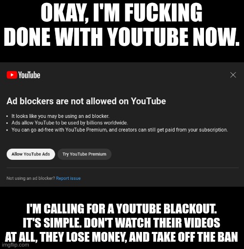 Who's ready to cut off YouTubes leverage? | OKAY, I'M FUCKING DONE WITH YOUTUBE NOW. I'M CALLING FOR A YOUTUBE BLACKOUT. IT'S SIMPLE. DON'T WATCH THEIR VIDEOS AT ALL, THEY LOSE MONEY, AND TAKE OFF THE BAN | made w/ Imgflip meme maker