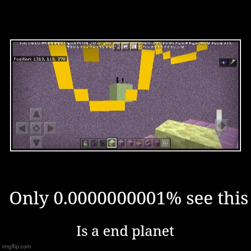 When I make end city for 100 hours and see this | Only 0.0000000001% see this | Is a end planet | image tagged in funny,demotivationals,minecraft,rare | made w/ Imgflip demotivational maker