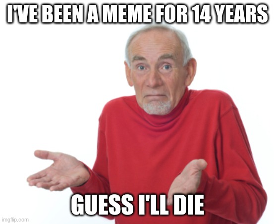 14 years of this silly meme | I'VE BEEN A MEME FOR 14 YEARS; GUESS I'LL DIE | image tagged in guess i'll die,memes,funny memes,dank memes,fun,i don't know | made w/ Imgflip meme maker