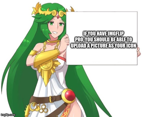 Palutena holding a sign | IF YOU HAVE IMGFLIP PRO, YOU SHOULD BE ABLE TO UPLOAD A PICTURE AS YOUR ICON | image tagged in palutena holding a sign | made w/ Imgflip meme maker