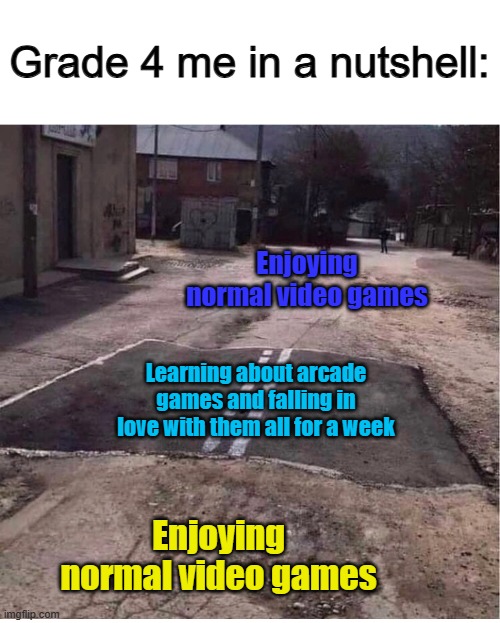I legit have no good ideas for gaming stream memes nowadays | Grade 4 me in a nutshell:; Enjoying normal video games; Learning about arcade games and falling in love with them all for a week; Enjoying normal video games | image tagged in yellow glass guy | made w/ Imgflip meme maker