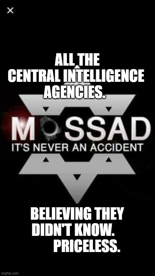 Mossad | ALL THE CENTRAL INTELLIGENCE AGENCIES. BELIEVING THEY DIDN'T KNOW.            PRICELESS. | image tagged in mossad | made w/ Imgflip meme maker