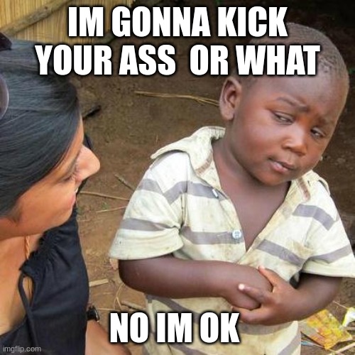Third World Skeptical Kid | IM GONNA KICK YOUR ASS  OR WHAT; NO IM OK | image tagged in memes,third world skeptical kid | made w/ Imgflip meme maker