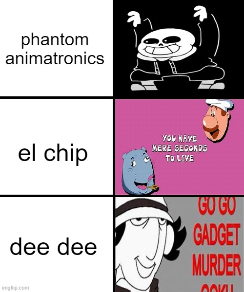 ucn in a nutshell | phantom animatronics; el chip; dee dee | image tagged in blank template | made w/ Imgflip meme maker