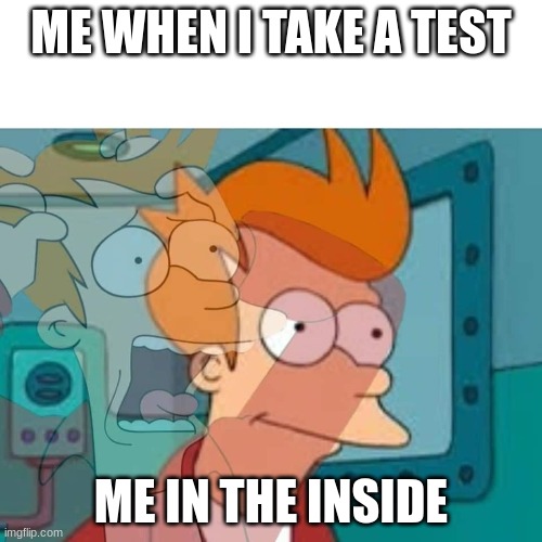 fry | ME WHEN I TAKE A TEST; ME IN THE INSIDE | image tagged in fry | made w/ Imgflip meme maker