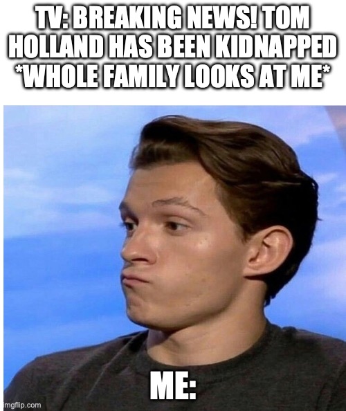 What??? | TV: BREAKING NEWS! TOM HOLLAND HAS BEEN KIDNAPPED
*WHOLE FAMILY LOOKS AT ME*; ME: | image tagged in white rectangle,tom holland | made w/ Imgflip meme maker