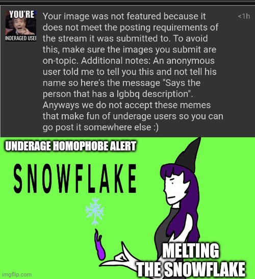 Anonymous user? That's straight up bullsh!t. https://imgflip.com/i/806x1a?nerp=1696863493 | UNDERAGE HOMOPHOBE ALERT; MELTING THE SNOWFLAKE | image tagged in afm melts a snowflake | made w/ Imgflip meme maker