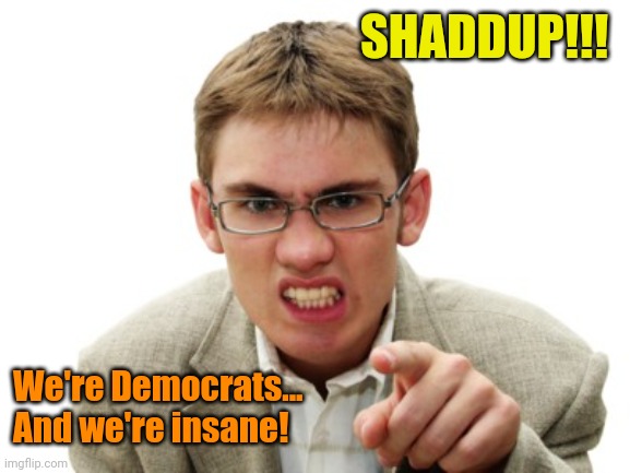 Angry Liberal | SHADDUP!!! We're Democrats... And we're insane! | image tagged in angry liberal | made w/ Imgflip meme maker