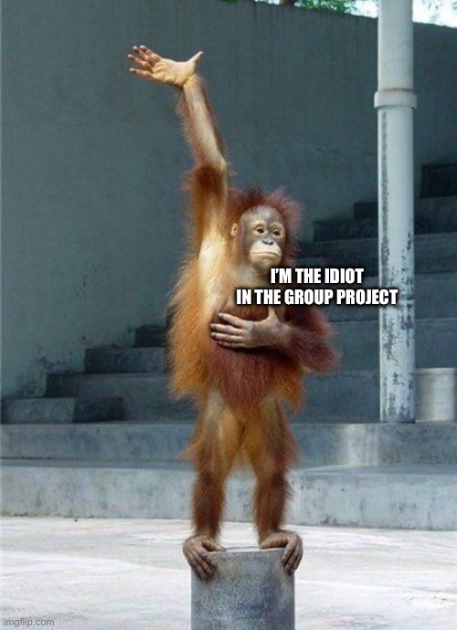 Monkey Raising Hand | I’M THE IDIOT IN THE GROUP PROJECT | image tagged in monkey raising hand | made w/ Imgflip meme maker