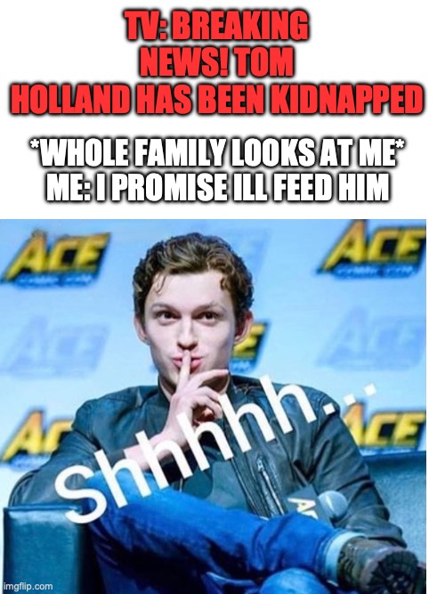 shhhh | TV: BREAKING NEWS! TOM HOLLAND HAS BEEN KIDNAPPED; *WHOLE FAMILY LOOKS AT ME*
ME: I PROMISE ILL FEED HIM | image tagged in blank space | made w/ Imgflip meme maker