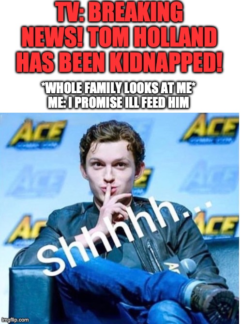 shhhhh | TV: BREAKING NEWS! TOM HOLLAND HAS BEEN KIDNAPPED! *WHOLE FAMILY LOOKS AT ME*
ME: I PROMISE ILL FEED HIM | image tagged in blank space,tom holland | made w/ Imgflip meme maker