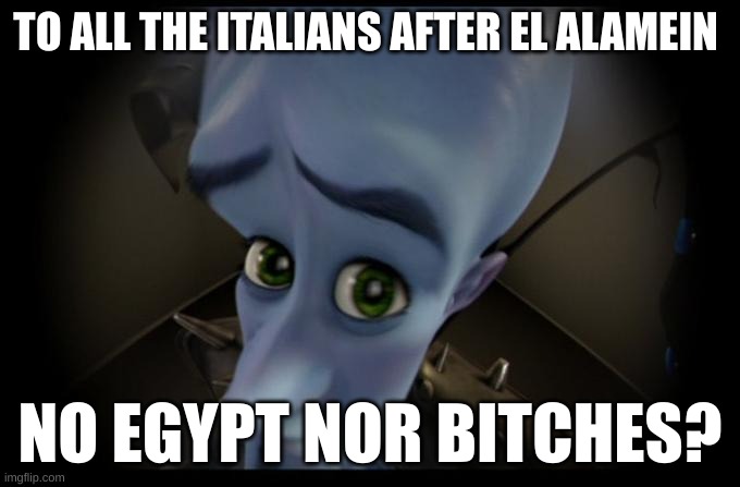 shit meme Ik | TO ALL THE ITALIANS AFTER EL ALAMEIN; NO EGYPT NOR BITCHES? | image tagged in no b es | made w/ Imgflip meme maker