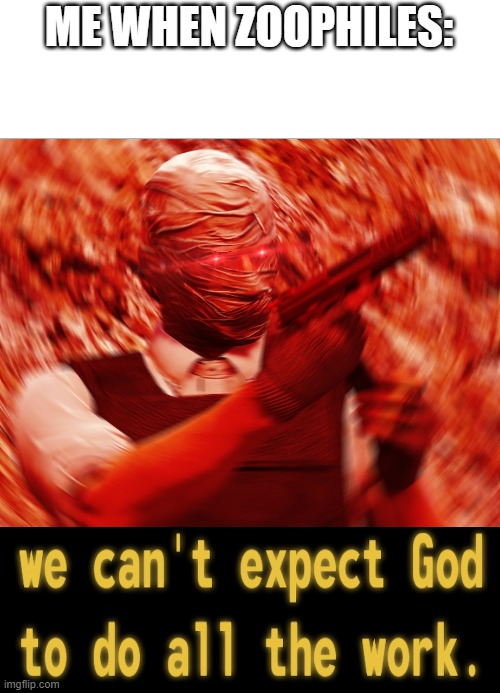 WE CANT EXPECT THE GOD TO DO ALL WORK | ME WHEN ZOOPHILES: | image tagged in we cant expect the god to do all work | made w/ Imgflip meme maker