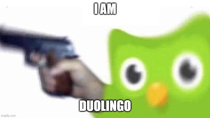 I AM DUOLINGO | image tagged in duolingo gun | made w/ Imgflip meme maker