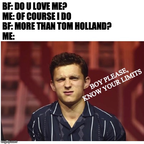 please | BF: DO U LOVE ME?
ME: OF COURSE I DO
BF: MORE THAN TOM HOLLAND?
ME:; BOY PLEASE, KNOW YOUR LIMITS | image tagged in memes,blank transparent square | made w/ Imgflip meme maker